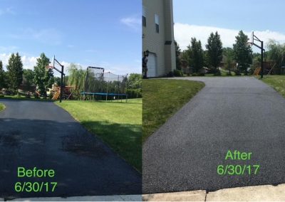 Split image of a driveway before and after paving, both labeled with dates "6/30/17".