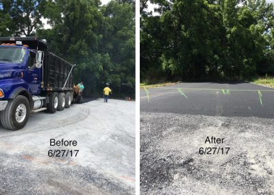 Side-by-side of a gravel lot before and after being paved with fresh asphalt, dated 6/27/17.