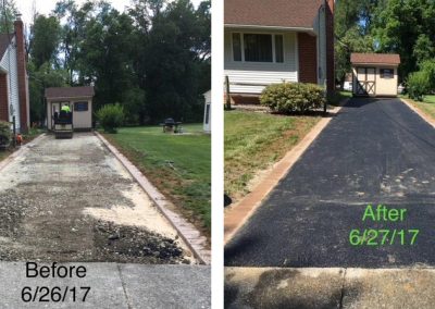 Split image: left shows a gravel driveway before paving; right shows the same driveway newly paved with asphalt.