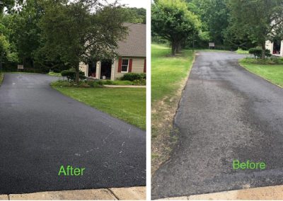 Side-by-side images of a driveway before and after resurfacing; the after image shows a smooth, black surface.