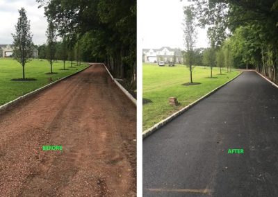 Side-by-side before and after images of a driveway, first unpaved, then paved with asphalt.