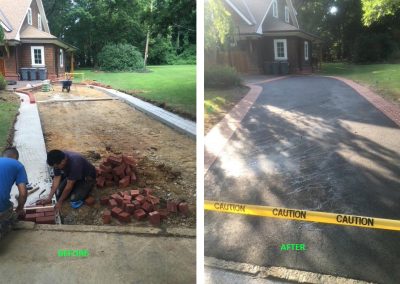 Before-and-after images of a driveway renovation, with workers laying bricks and the finished paved driveway.
