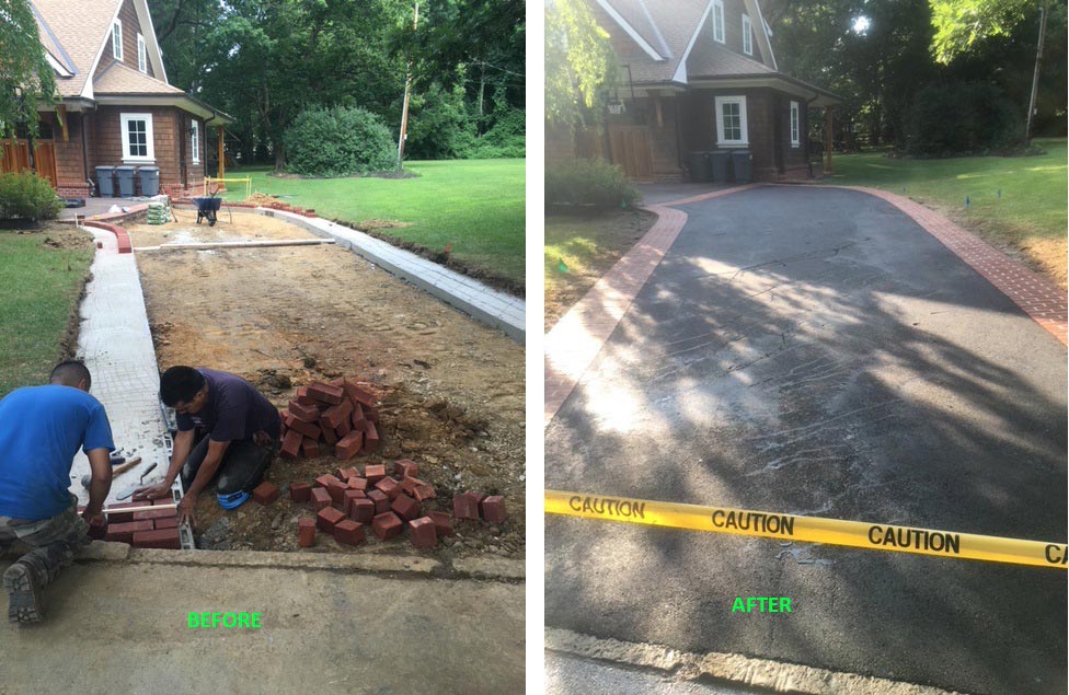 Before and after of driveway renovation with bricks and pavement, caution tape visible.