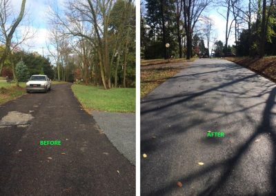 Split image: left shows a cracked driveway before repair, right shows a smooth, newly paved driveway after repair.