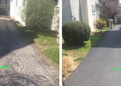 Side-by-side before and after photos of a driveway; gravel replaced with smooth, freshly paved asphalt.
