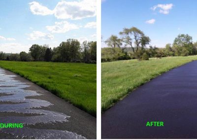 Side-by-side images show a road being paved and the same road fully paved, labeled "DURING" and "AFTER.