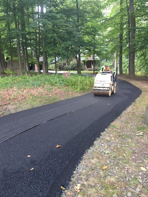 A worker drives a steamroller, paving a fresh asphalt path through a wooded area near houses.