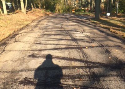 A person’s shadow is cast on a sunlit road lined with trees and autumn leaves.
