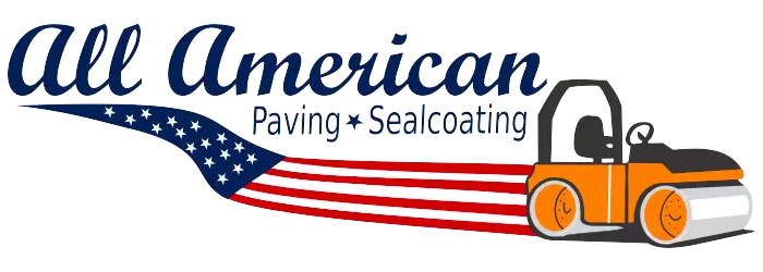 Logo reading "All American Paving Sealcoating" with a steamroller and a waving American flag design.